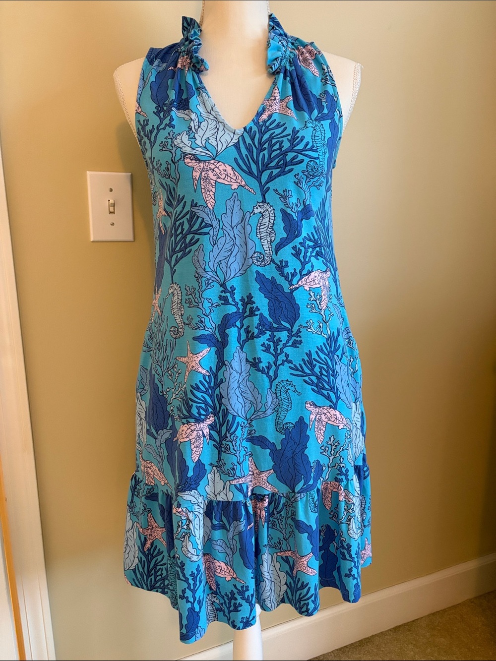 Pappagallo Turquoise & Navy Sea Life Halter Mini Dress with Pink Accents